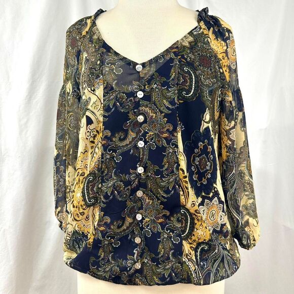 FIG AND FLOWER Navy Yellow Paisley Button Peasant Blouse V Neck Women M Bohemian - Picture 1 of 6